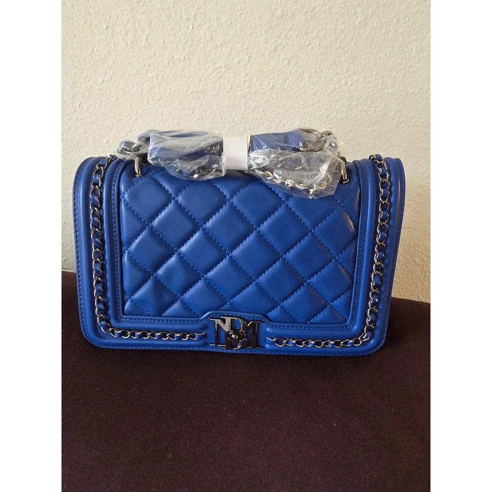 Badgley Mischka Quilted Crossbody Bag Blue Gunmetal Chain BM-4152 New